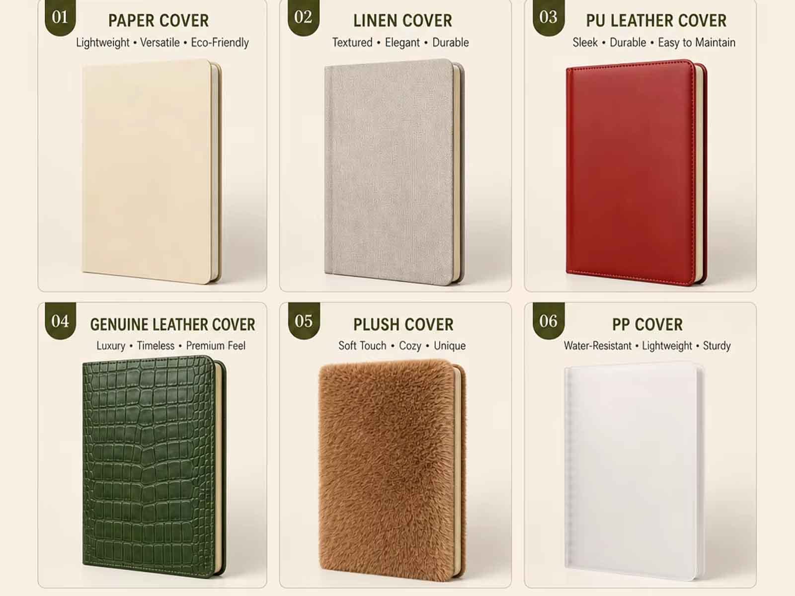Custom notebook quote cover options including paper linen PU leather genuine leather and PP
