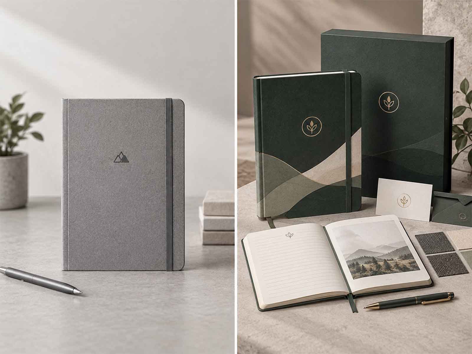 Custom notebook with simple logo versus complete private label notebook with custom cover and packaging