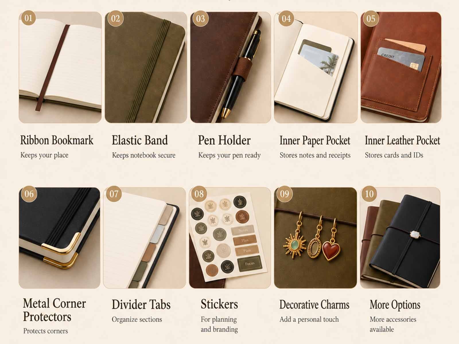 Custom notebook quote accessories including ribbon bookmark elastic band pen holder pockets and dividers