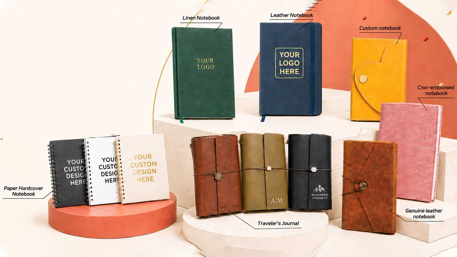 Custom notebooks in bulk shown in multiple cover styles and materials