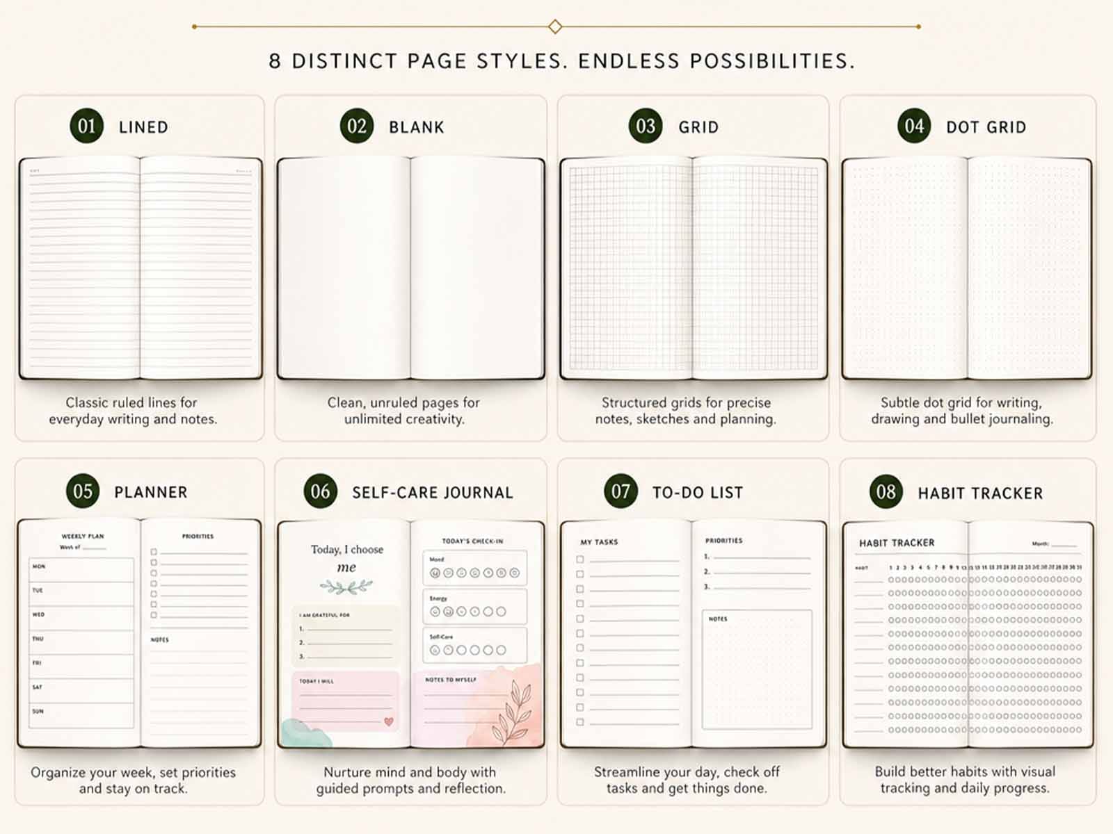School exercise book ruling options including lined blank grid dot grid and handwriting layouts