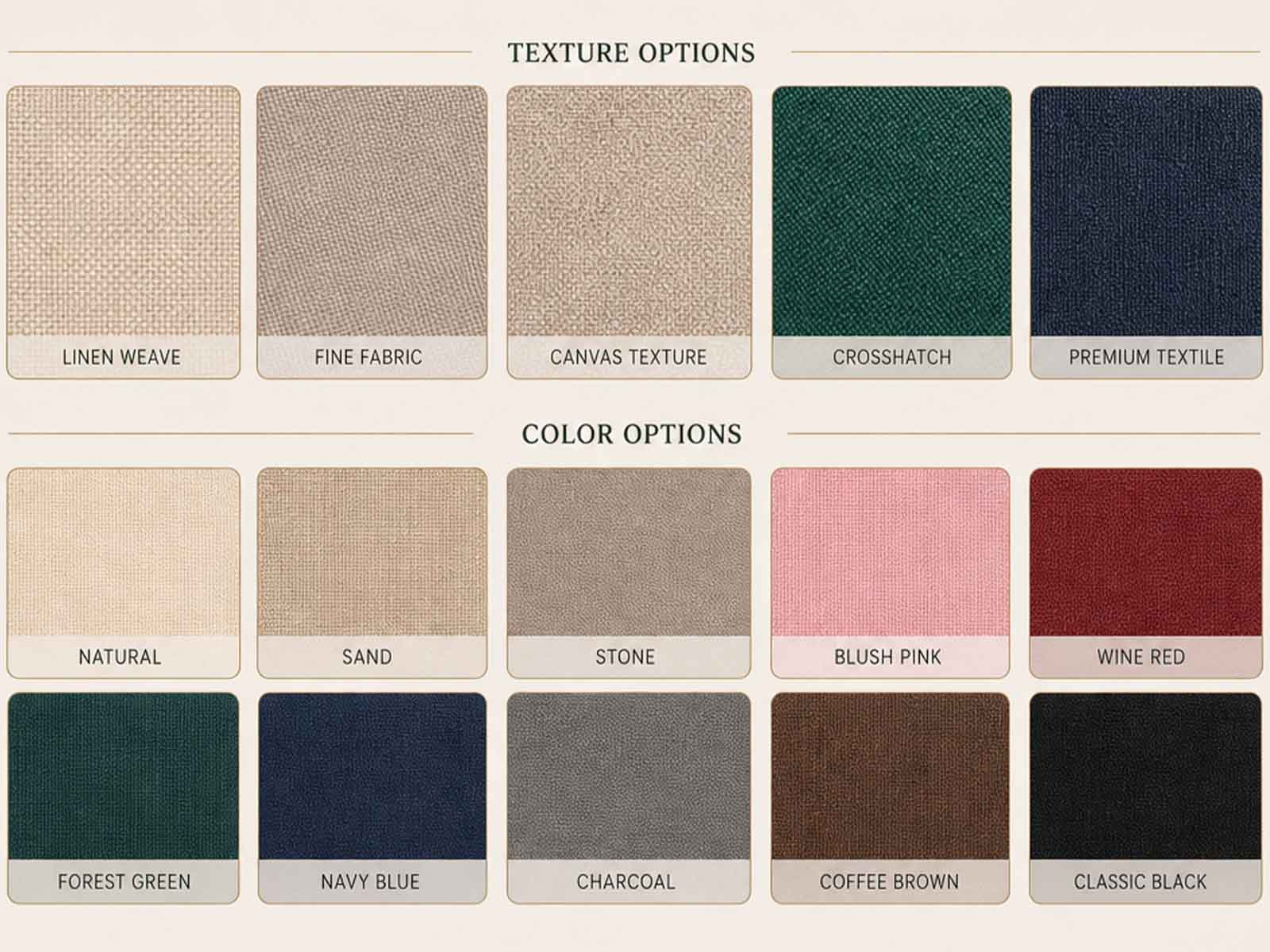 Fabric notebook cover textures and colour options from natural to classic black