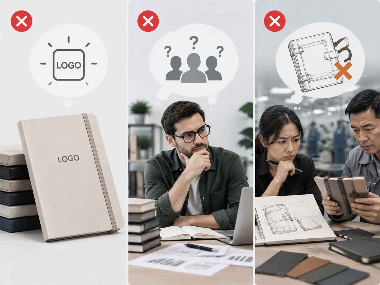 Common private label notebook branding mistakes infographic showing logo-only and design risks