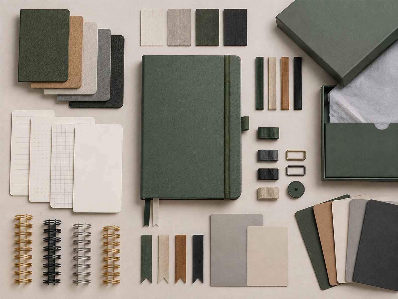 Private label notebook product development board with notebook cover material swatches paper samples and binding examples