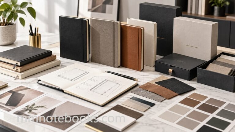 Private label notebooks brand development desk with samples, packaging, material swatches and design sketches