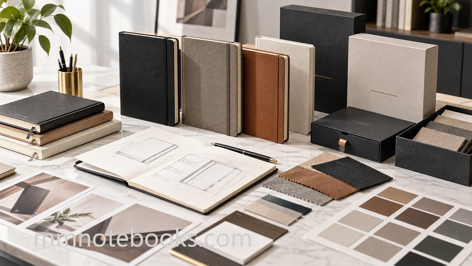 Private label notebooks brand development desk with samples, packaging, material swatches and design sketches