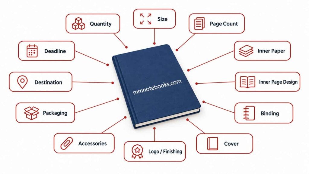 Custom notebook RFQ checklist infographic showing the 12 specifications a manufacturer needs for an accurate custom notebook quote