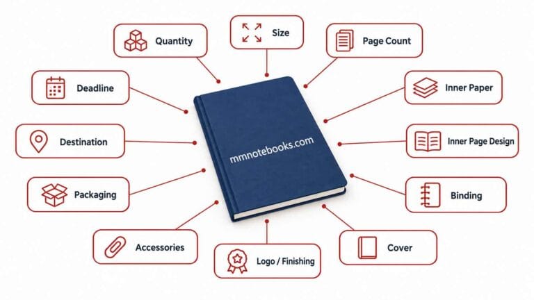 Custom notebook RFQ checklist infographic showing the 12 specifications a manufacturer needs for an accurate custom notebook quote