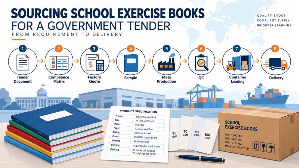 School exercise book tender workflow in eight steps from tender document and compliance matrix to factory quote sample mass production QC and delivery