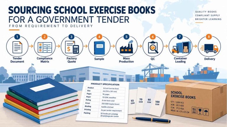 School exercise book tender workflow in eight steps from tender document and compliance matrix to factory quote sample mass production QC and delivery